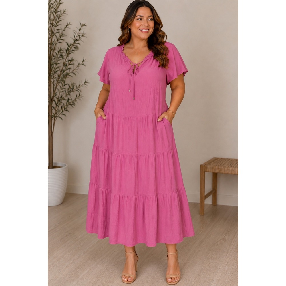 Avenue Pink Tiered Maxi Dress Sz 20 Ruffle Tie Neck Prairie Short Sleeve Pocket